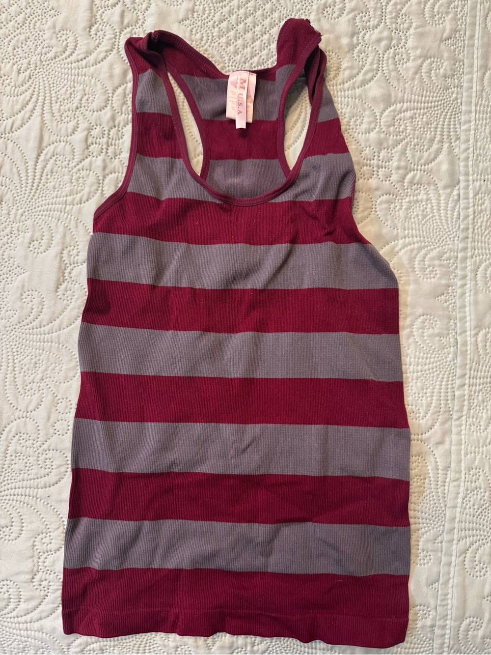 M.U.S.A Striped Racerback Tank Top - Burgundy and Gray